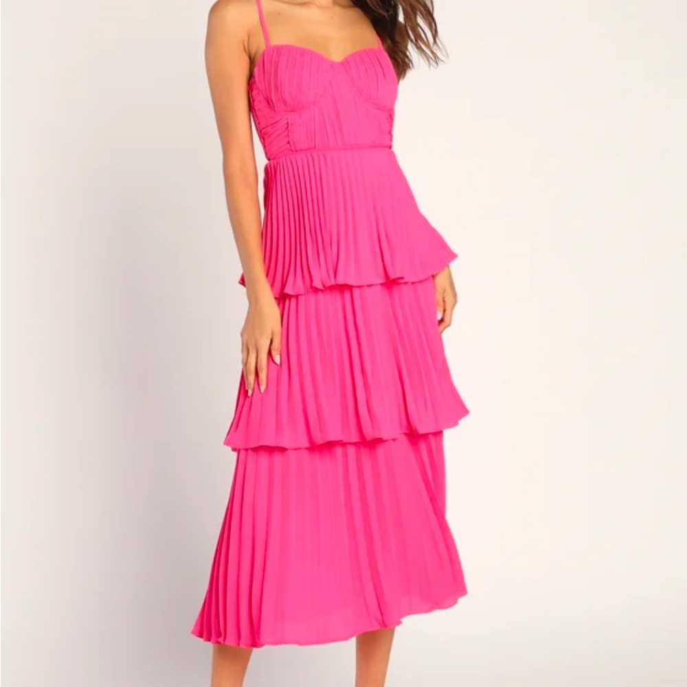 Pink Midi Sundress with Tiered Skirt and Spaghetti Straps for Wedding Guest